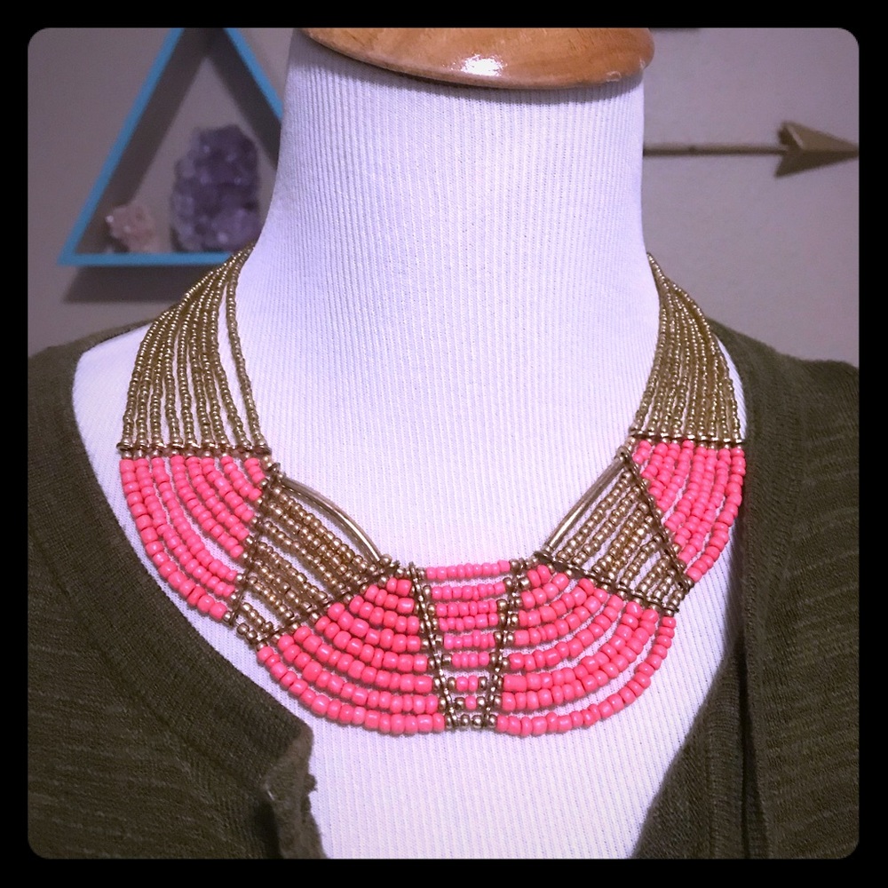 Aztec-inspired Pink and Gold Beaded Necklace